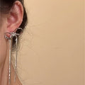 Silver Bow and Extra Long Chain Tassel Stud Earrings view 2