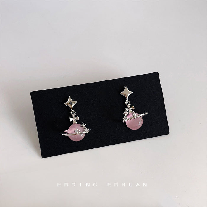 Silver Star Pink Cats Eye Planet Drop Earrings Bow Accents