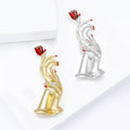 Gold Silver Tone Hand Holding Red Rose Enamel Brooch view 2