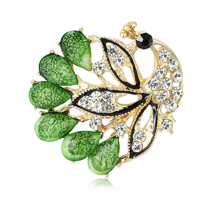 Green Teardrop Crystal Peacock Brooch Gold Tone Metal