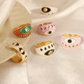 Gold Dual Evil Eye White Enamel Open Adjustable Ring view 2