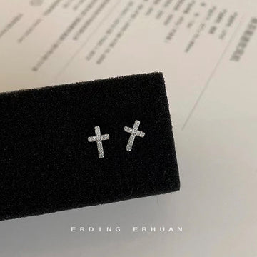 Silver Tone Mini Clear Stone Cross Stud Earrings For Women
