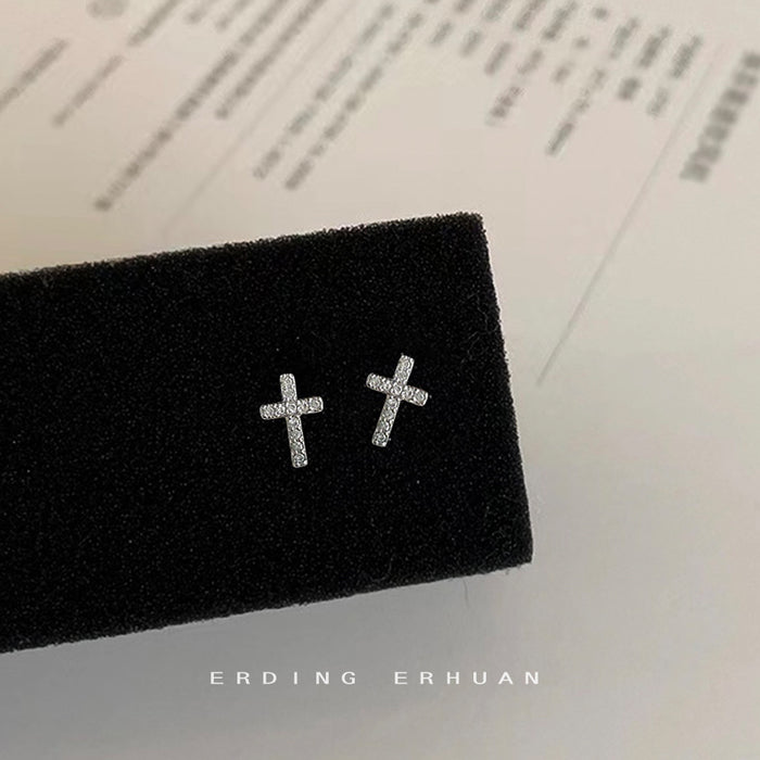 Silver Tone Mini Clear Stone Cross Stud Earrings For Women