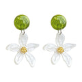 Green Resin Stud White Flower Drop Earrings Gold Center view 5