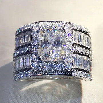 Silver Princess Square Halo Baguette Wide Ring Sizes 6-10