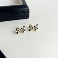 Black White Checkered Enamel Bow Stud Earrings Matching Pair view 3