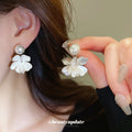 Gold Petal Stud Earrings with Irregular White Pearl Drops view 3