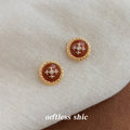 Gold Round Brown Enamel Button Stud Earrings Fleur Motif view 4