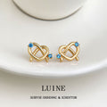 Gold Pretzel Heart Knot Stud Earrings Blue Crystal Pair view 1