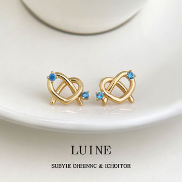 Gold Pretzel Heart Knot Stud Earrings Blue Crystal Pair
