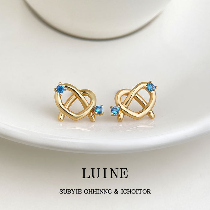 Gold Pretzel Heart Knot Stud Earrings Blue Crystal Pair