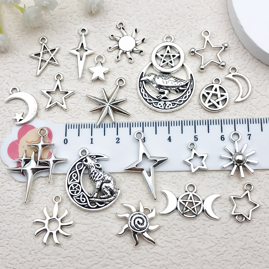 Antique Silver Zinc Alloy Five Point Star Sun Moon Charm Pendant for DIY Jewelry