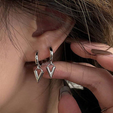 Silver Geometric V Charm Huggie Hoop Drop Earrings
