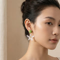 Green Round Top White Double Flower Dangle Earrings view 1