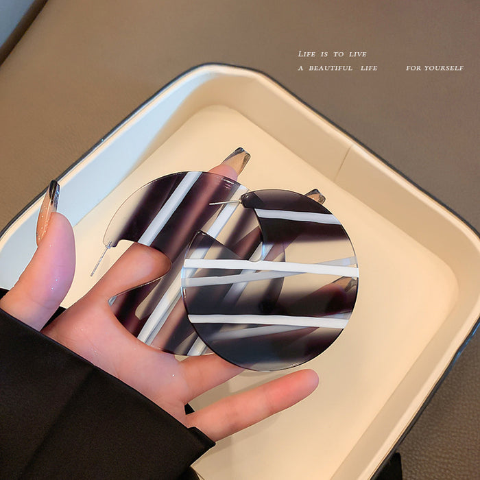 Black White Stripe Oversize Disc Stud Statement Earrings