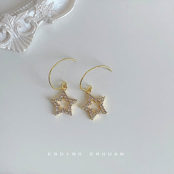 Gold Open Star Zirconia Drop Earrings Curved Ear Wire Pair