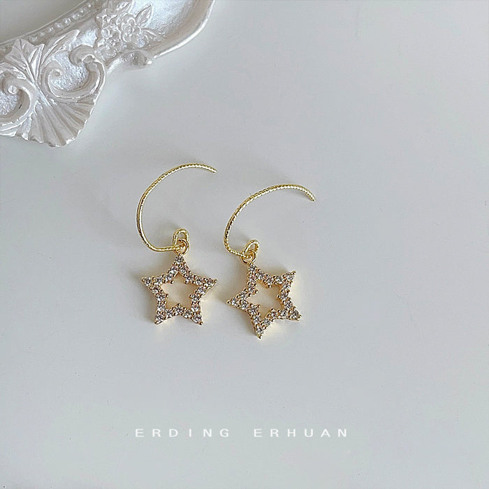Gold Open Star Zirconia Drop Earrings Curved Ear Wire Pair