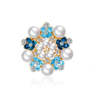 Front product view of the flower brooch pin in silver and aqua