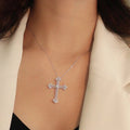 Silver Tone Pave Cross Pendant Necklace Fleur Tips Metal Chain view 3