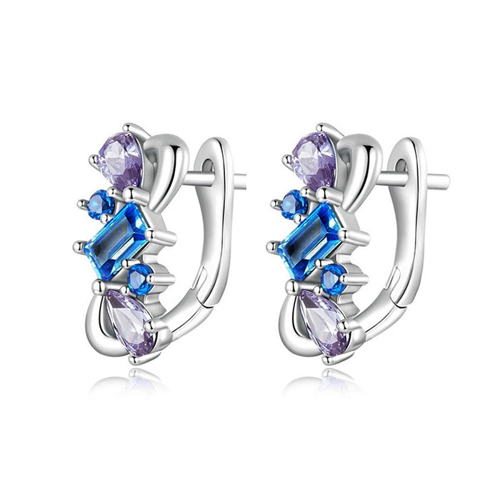 Silver Blue Purple Cluster Stone Huggie Hoop Earrings