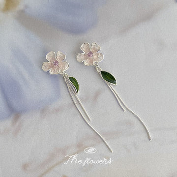 Silver Tone White Flower Pink Center Green Leaf Chain Stud Earrings