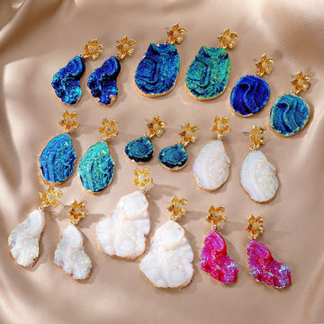 Gold Tone Irregular Druzy Style Stone Post Drop Earrings in Nine Colors and Shapes