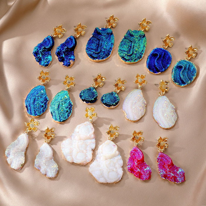 Gold Tone Irregular Druzy Style Stone Post Drop Earrings in Nine Colors and Shapes