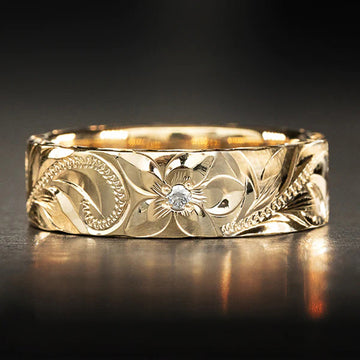 Engraved Floral Scroll Wide Band With Round Accent In Two Metal Tones