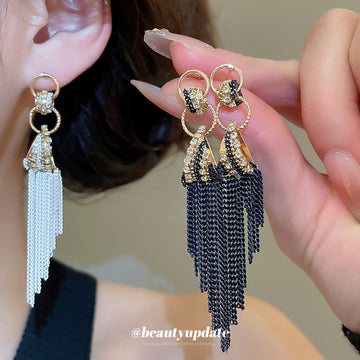 Black Chain Tassel Drop Earrings with Crystal Accents