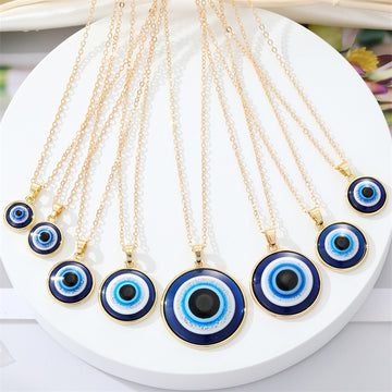Round Blue Evil Eye Pendant Necklaces in Gold and Silver Tone Sizes