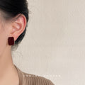 Wine Red Rectangular Enamel Stud Earrings Gold Tone Rim view 2