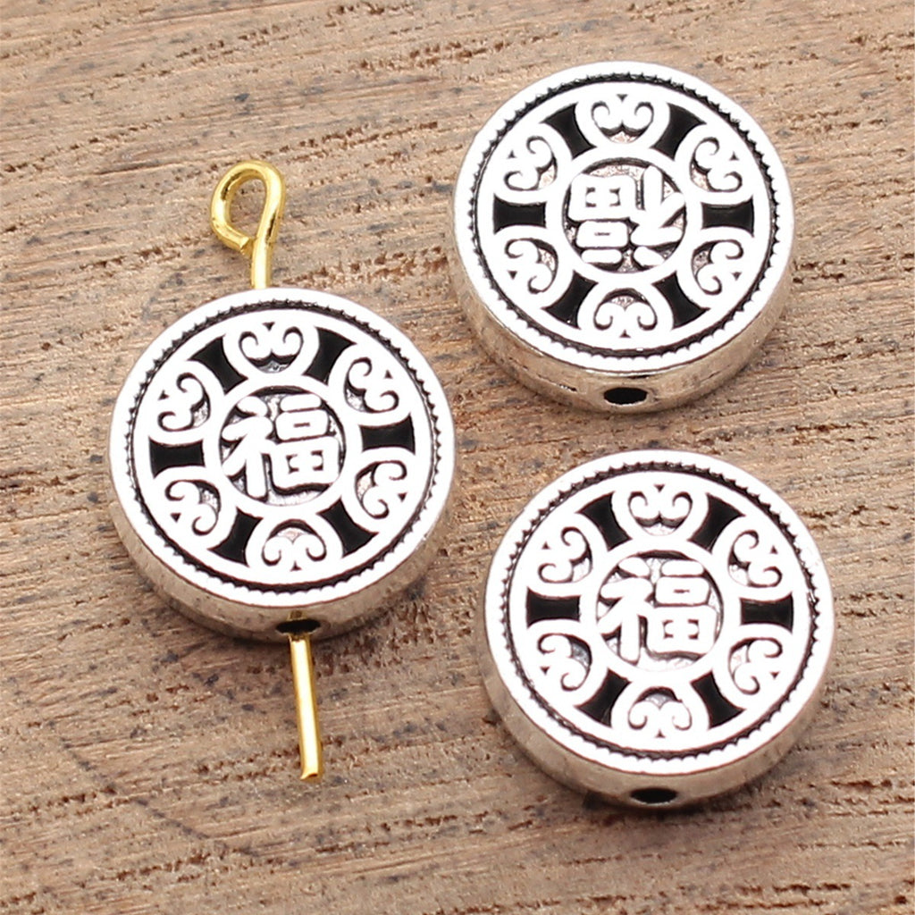 13x13x3.9mm 2.8g Multicolor Zinc Alloy Double-Sided Fu Character Round Flat Small Hole Beads for Jewelry