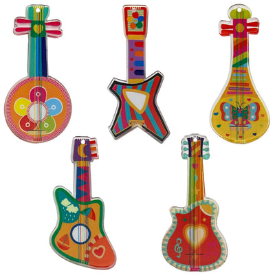 Colorful guitar charms pictured with visible surface details