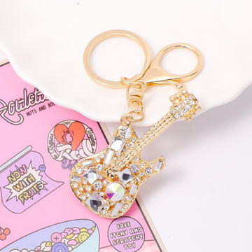 Clear Rhinestone Electric Guitar Keychain Gold Clasp Ring