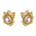 Gold Textured Flower Pearl Stud Earrings Crystal Accent view 5