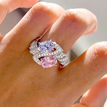 Silver Tone Pink Purple Dual Oval CZ Bypass Ring Sizes 6-10