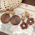 Wood Flower And Round Disc Dangle Earrings Statement Jewelry Pair view 4