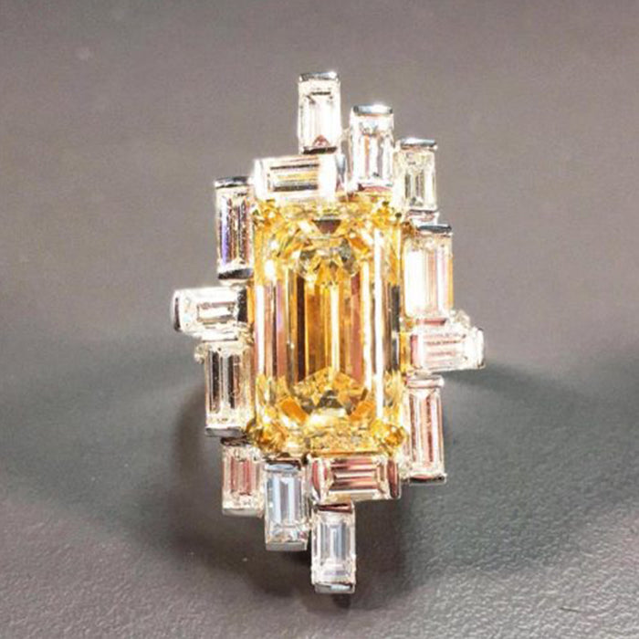 Yellow Emerald-Cut Cubic Zirconia Ring with Baguettes, Sizes 6–10