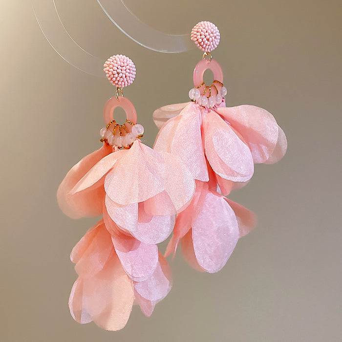 Layered Fabric Petal Drop Earrings In Three Bright Colors