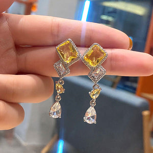 Yellow Square Stone Clear Teardrop Earrings Metal Jewelry Design