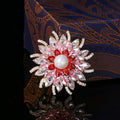Pink Crystal Flower Brooch With Faux Pearl Center Decorative Lapel Pin view 3