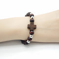 Dark Wood Bead Stretch Bracelet Brown Cross Silver Beads view 4