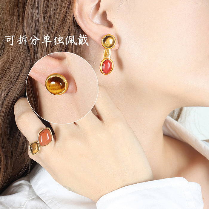 Detachable Geometric Drop Earrings Tiger Eye Turquoise Gold
