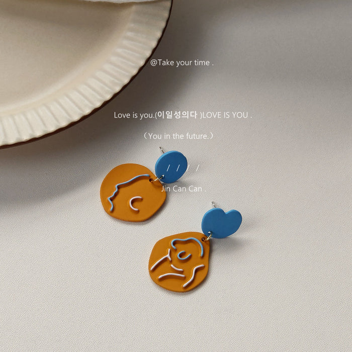 Asymmetric Blue and Mustard Abstract Face Line Drop Earrings