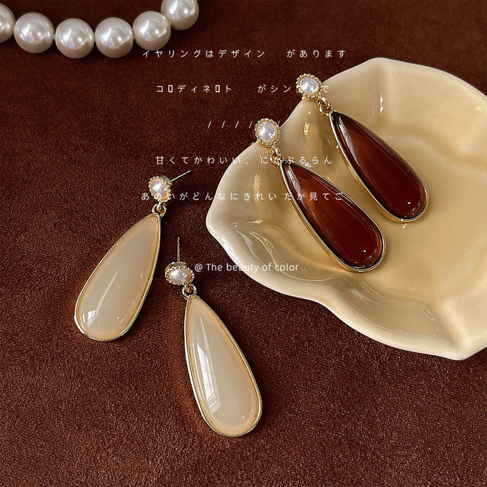 Gold Teardrop Drop Earrings Pearl Stud Cream and Amber