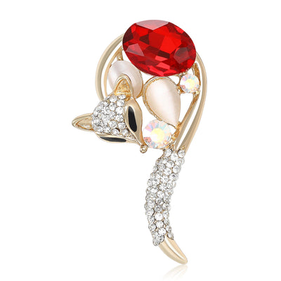 Crystal Fox With Red Stone brooch shown from the front