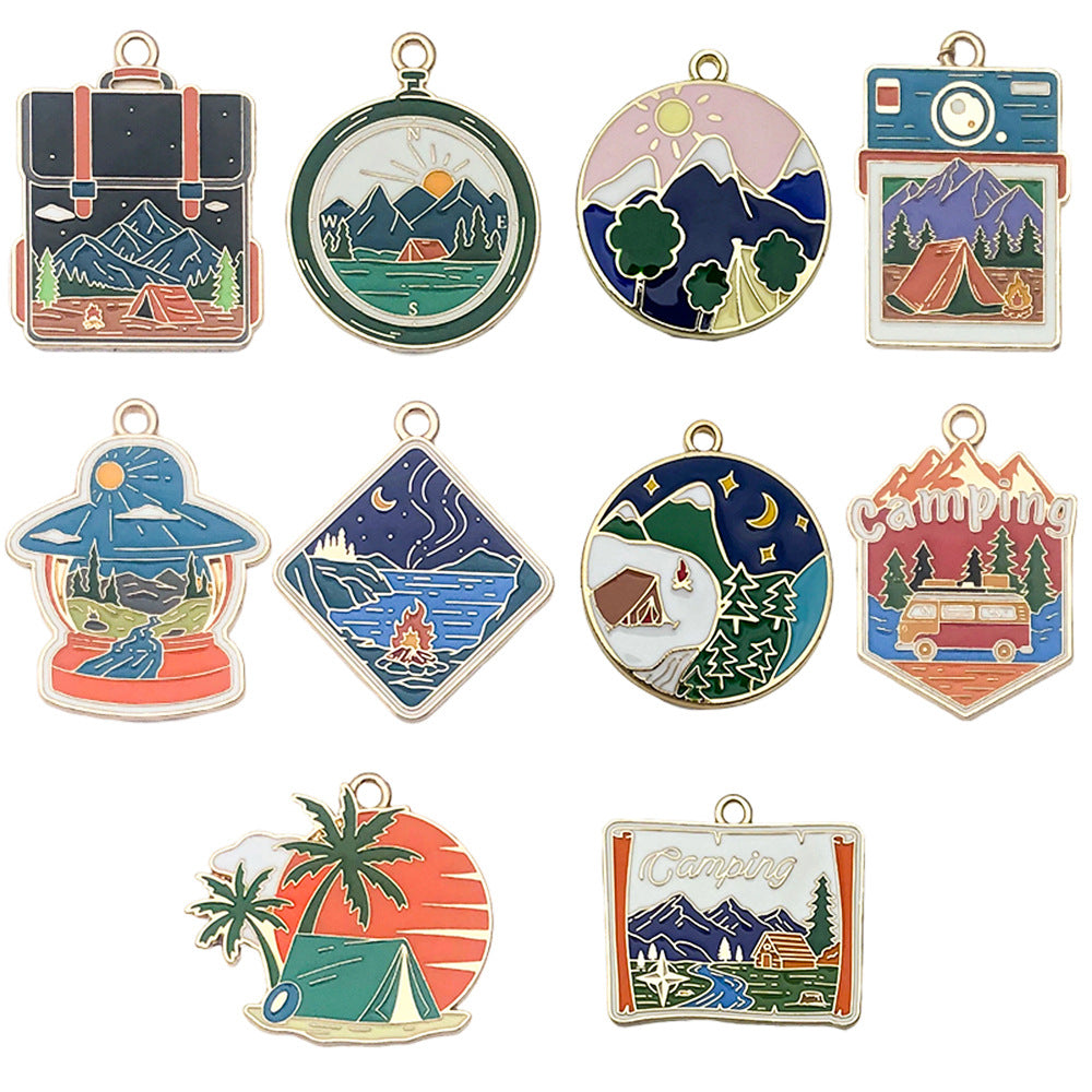 Enamel Zinc Alloy Day Night Snow Mountain Landscape Painting Charm Pendant for Keychains