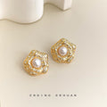 Gold Textured Rose Pearl Center Pave Stud Earrings Pair view 3