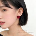Wine Red Flocked Velvet Heart Stud Earrings Design view 2