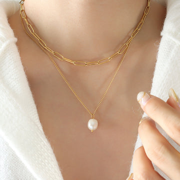 Layered Paperclip Chain Pearl Drop Pendant Necklace Metal